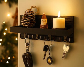 Rustic Wood Wall Key Holder with Shelf and Metal Hooks Entryway Organizer