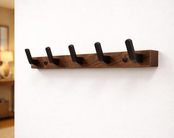 Solid Walnut Wood Wall Hook Rack With Black Metal Coat Hooks