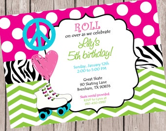 Printable Roller Skating Party Invitation Peace Love Etsy