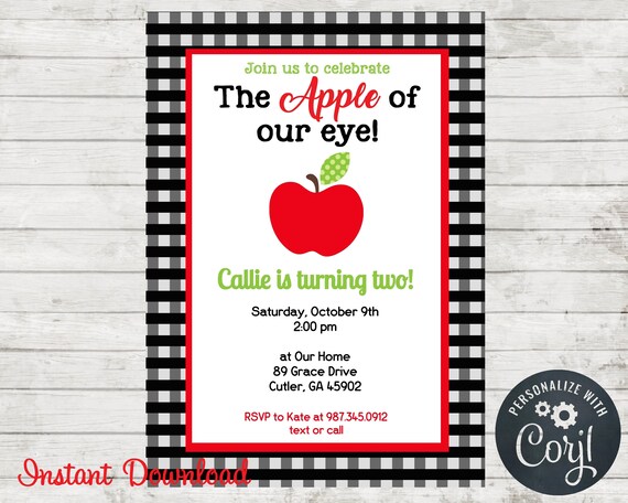Apple Birthday Party Invitation, Apple Of Our Eye Invite, Edit in Corjl, Instant Download Il_570xn