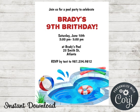 Pool Party Birthday Invitation, Swimming Party Invite, Splish Splash, Water Fun, Edit in Corjl, Summer Party, Instand Download, Watercolors Il_570xn
