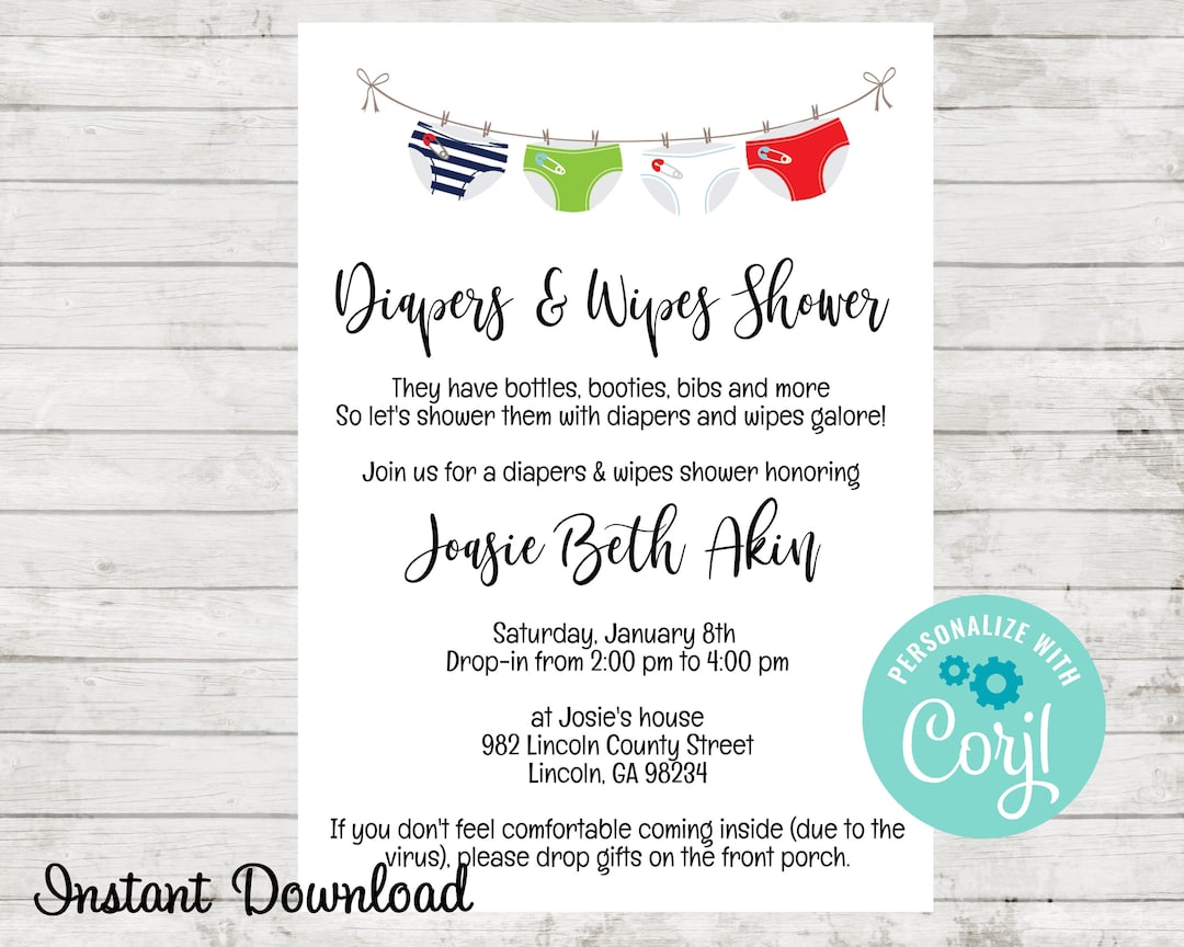 Diapers and Wipes Baby Shower Invitation, Instant Download Invite, Edit