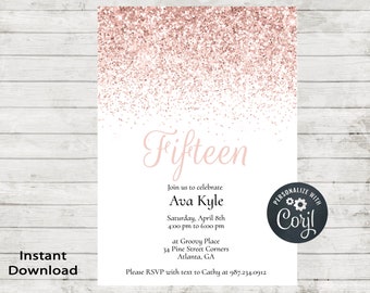 Teenagers Birthday Party Invitation, Rose Gold, Teen Birthday, Invitation, Bridal Shower, Baby Shower, Birthday Invite, Instant Download