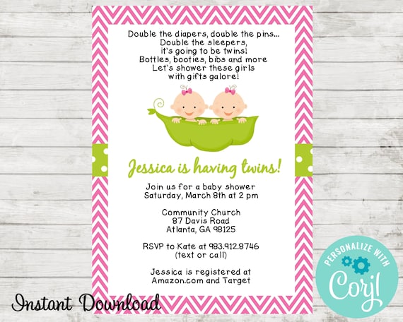 Twins Invitation, Two Peas In a Pod Baby Shower Invitation, Twin Girls, Twin Invite, Edit in Corjl Il_570xn