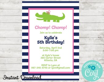 Alligator Birthday Invitation.  Alligator Baby Shower Invitation.  Pink Alligator Invitation. Gator Invite. Edit in Corjl. Instant Download