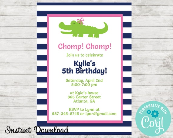 Alligator Birthday Invitation. Alligator Baby Shower Invitation. Pink Alligator Invitation. Gator Invite. Edit in Corjl. Instant Download Il_570xn