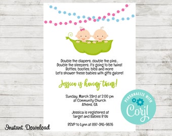 Baby Shower Invitation for Twins, Two Peas In a Pod Baby, Twin Girl and boy, Twin Invite, Edit in Corjl, Drive By Twin Baby Shower