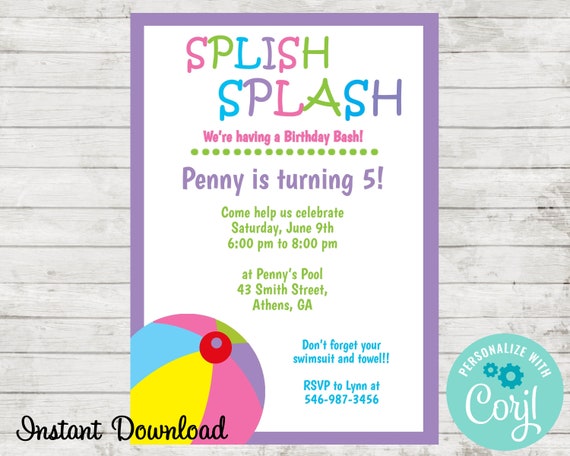 Pool Party Invitation Swimming Party Invite Water Birthday Party Printable Digital Summer Time Back to School Splish Splash Il_570xn