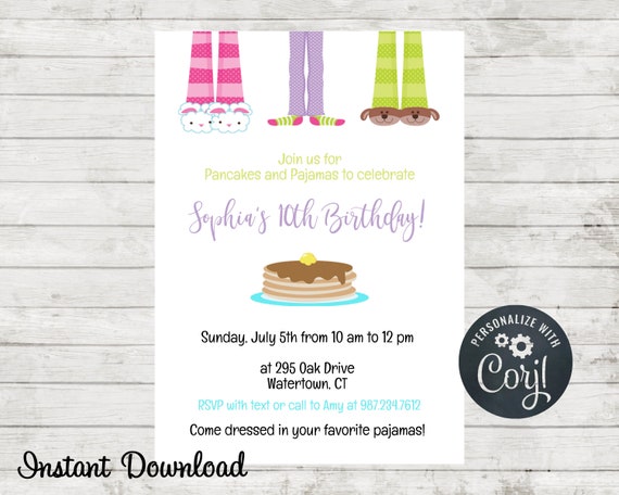 Pancakes and Pajamas Birthday Party Invitation, Sleepover Birthday Party Invitation, Birthday Party Invite, Edit in Corjl, Pajama Party Il_570xn