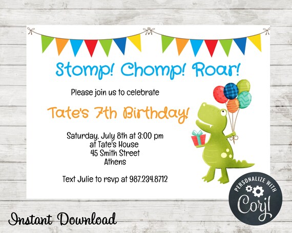 Dinosaur Birthday Party Invitation, Dinosaur Invite, Simple Dino Invitation, Sleepover, Birthday, Instant Download, Corjl Il_570xn