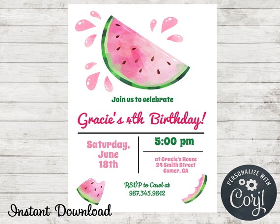 Watermelon Birthday Party Invitation, Watermelon Party Invite, Watercolors, Digital Invitation, Melon Party, Instant Download with Corjl Il_570xn