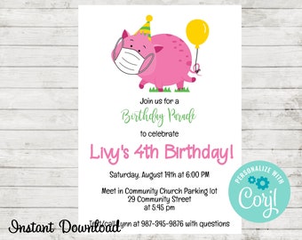 Pink Pig Drive By Birthday Parade Invitation, Instant Download, Edit in Corjl, Birthday Party Invite