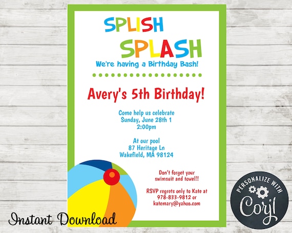 Pool Party Birthday Invitation, Swimming Party Invite, Splish Splash, Water Fun, Edit in Corjl, Summer Party, Instand Download Il_570xn
