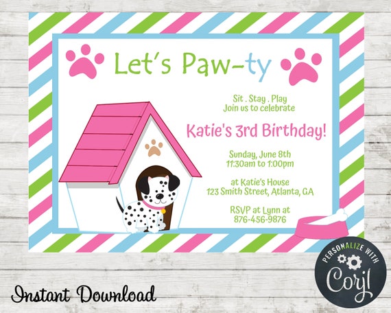 Puppy Party Invitation, Puppy Birthday Party Invite, Invitation Template, Dog, Puppy Shower, Corjl, Pink Puppy, Dog Invite Il_570xn