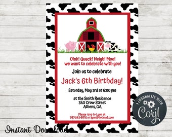 Farm Birthday Party Invitation, Farm Animals Invite, Petting Zoo Invitation, Baby Shower, Instant Download, Edit with Corjl, Cow Print