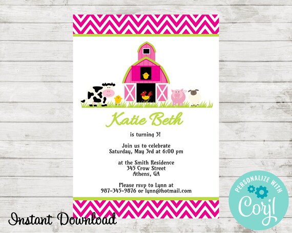Farm Birthday Party Invitation, Barnyard Birthday Invite, Petting Zoo Party, Edit in Corjl, Instant Download, Girls Birthday, Printable Il_570xn
