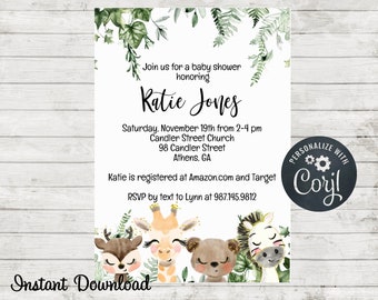 Jungle Animals Baby Shower Invitation, Imprimable, Invitation numérique, Téléchargement instantané, Modèle d’invitation, Animaux mignons Inviter