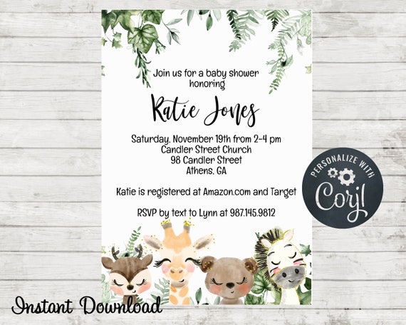 Jungle Animals Baby Shower Invitation, Printable, Digital Invite, Instant Download, Invitation Template, Cute Animals Invite Il_570xn
