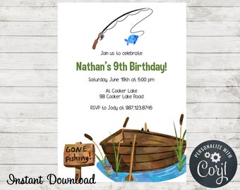 Fishing Invitation - Birthday Party Invite - Wedding Shower - Instant Download - Printable - Edit in Corjl - Watercolors - Gone Fishing