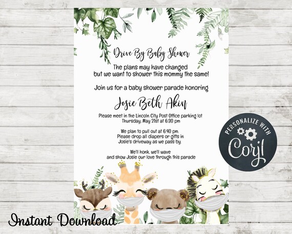 Drive By Baby Shower Invitation, Masked Animals Invite, Baby Shower Parade, Animals With Mask, Instant Download, Diaper Shower Il_570xn