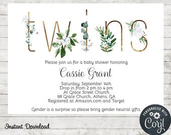 Baby Shower Invitation for Twins, Floral, Instant Download