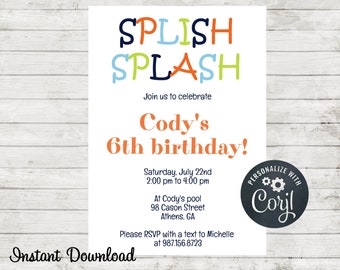 Pool Party Birthday Invitation, Swimming Party Invite, Splish Splash, Water Fun, Edit in Corjl, Summer Party, Instant Download,