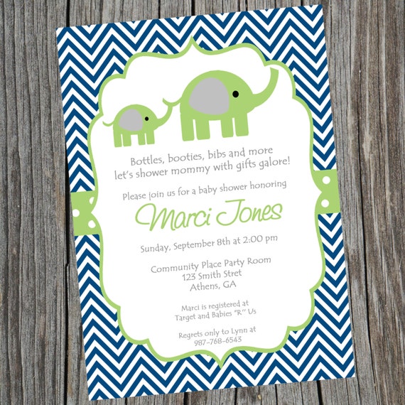 Blue and Green Elephant Baby Shower Invitation. Printable Baby boy Chevron Elephant Shower Invitation. Boy baby shower Invitation. Il_570xn