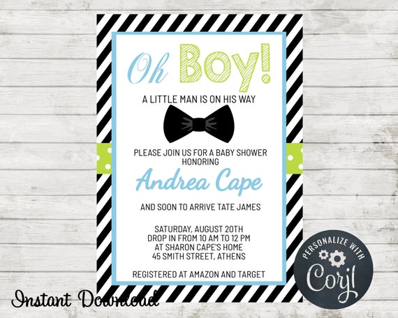 Baby Shower Invitation, Oh Boy Invite, Baby Boy, Edit in Corjl, Instant Download, Baby Boy Shower Invitation Il_570xn