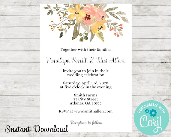 Floral Wedding Invitation, Boho Invite, Wedding Shower Invitation, Watercolors Invitation, Baby Shower, Edit in Corjl, Instant Download Il_570xn
