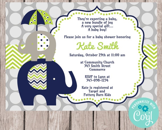 Blue Elephant Baby Shower Invitation, Instant Download, Boy Baby Shower, Edit in Corjl Il_570xn