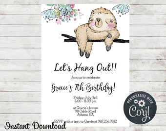 Sloth Invitation, Sloth Birthday Party Invitation, Invite, Printable, Digital Invite, Instant Download, Invitation Template, Watercolors