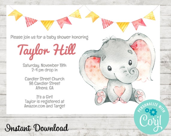 Printable Watercolor Elephant Baby Shower Invitation - Digital Invite - Edit in Corjl - Instant Download Il_570xn