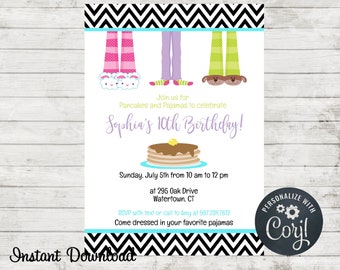 Pancakes and Pajamas Birthday Party Invitation, Sleepover Birthday Party Invitation, Birthday Party Invite, Edit in Corjl, Pajama Party