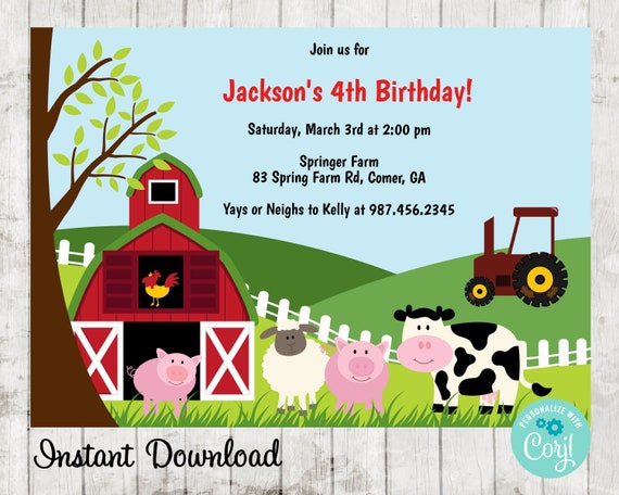 Farm Birthday Party Invitation, Farm Animals Invite, Petting Zoo Invitation, Baby Shower, Instant Download edit with Corjl Il_570xn