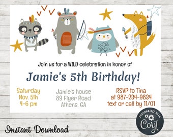 Tribal Woodland Creatures Birthday Party Invitation, Imprimable, Téléchargement instantané