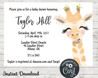 Giraffe Baby Shower Invitation, Invite, Baby, Instant Download, Printable, Simple Baby Shower Invite, Corjl, Watercolors, Giraffes, Jungle