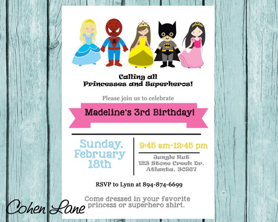 Superhero and Princesses Printable Birthday Invitation. Superhero invite. Princess Invite. Birthday Party Invite. Il_570xn