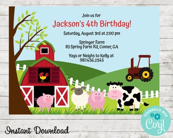 Invitation à une fête d’anniversaire à la ferme, Invitation aux animaux de ferme, Invitation au zoo pour enfants, Baby Shower, Téléchargement instantané modifier avec Corjl