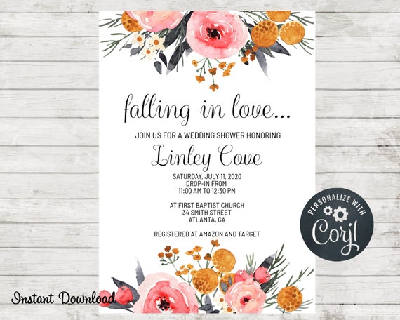 Fall Wedding Shower Invitation, Falling In Love, Floral, Bridal Shower, Baby Shower Invitation, Instant Download, Bohemian, Autumn Invite Il_570xn