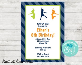 Trampoline Park Birthday Party Invitation, Jump Party invite, Birthday Party Invite, Edit in Corjl, Instant Download, Invitation Template