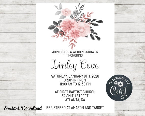Wedding Shower Invitation, Floral Watercolor Shower Invitation, Baby Shower Invitation, Instant Download, Bohemian, Corjl Il_570xn