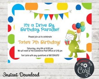 Dinosaur Drive By Birthday Parade Invitation, Instant Download, Edit in Corjl, Birthday Party Invite, Dinosaur Invitation, Mask Invitation