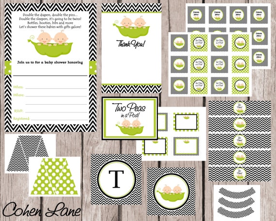 INSTANT DOWNLOAD Printable Two Peas In A Pod Theme Baby Shower Party Package. Twins Baby Shower Party Package. Twins Printables and Chevron. Il_570xn