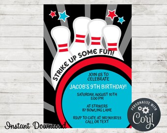 Bowling Birthday Party Invitation, Birthday Party Invite, Bowling Fun, Edit in Corjl, Instant Download, Drive By Birthday Party