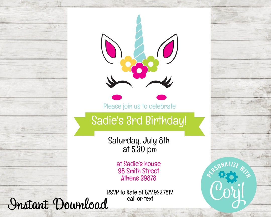 Unicorn Birthday Party Invitation, Birthday Party Invite, Edit in Corjl ...