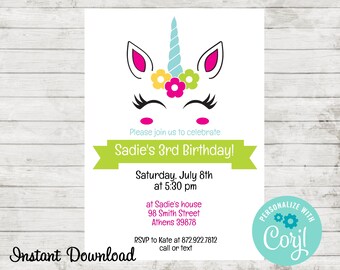 Unicorn Birthday Party Invitation, Birthday Party Invite, Edit in Corjl, Instant Download, Drive By Birthday Party, Sleepover Invite