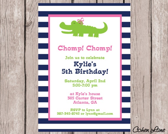 Printable Alligator Birthday Invitation. Alligator Baby Shower Invitation. Pink Alligator Invitation. Crocodile invite. Gator Invite. Il_570xn