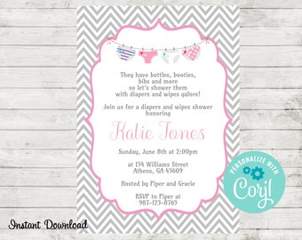 Couches et lingettes Baby Shower Invitation, Instant Download Invite, Modifier avec Corjl