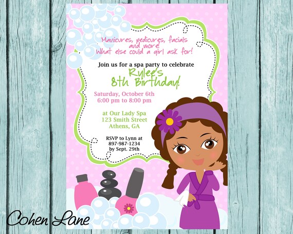 Spa Party Invitation, Spa Girl Birthday party, Girl Pampering Birthday Party Invite, I Create For you, African American Il_570xn