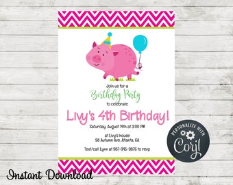 Pink Pig Birthday Party Invitation, Pink Pig Invite, Téléchargement instantané, Modifier dans Corjl, Birthday Party Invite, Pink Party